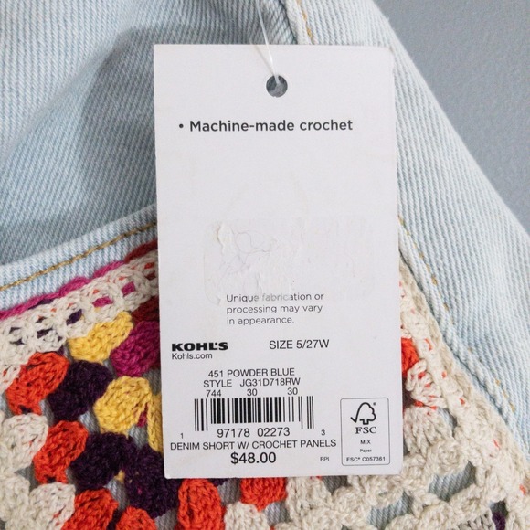 SO Granny Square Crochet Buttonfly Denim Shorts Womens Size 5/27 W Retro Raw New - Picture 6 of 11